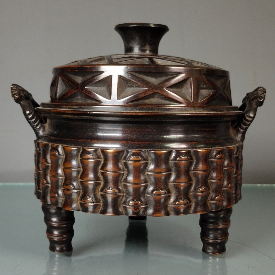 旧蔵 大明 宣德年製 紫銅 竹節 燻香炉 香道具 銅製 銅器 極細工