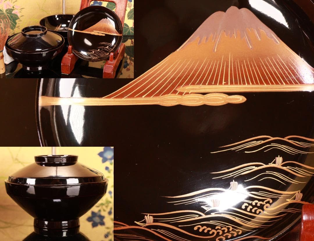 BJ022　時代輪島　雲上富士図金蒔絵　吸物椀　二客　木製　茶道具　懐石　菓子 BJ022 時代輪島 雲上富士図金蒔絵 吸物椀 二客 木製 茶道具 懐石 菓子